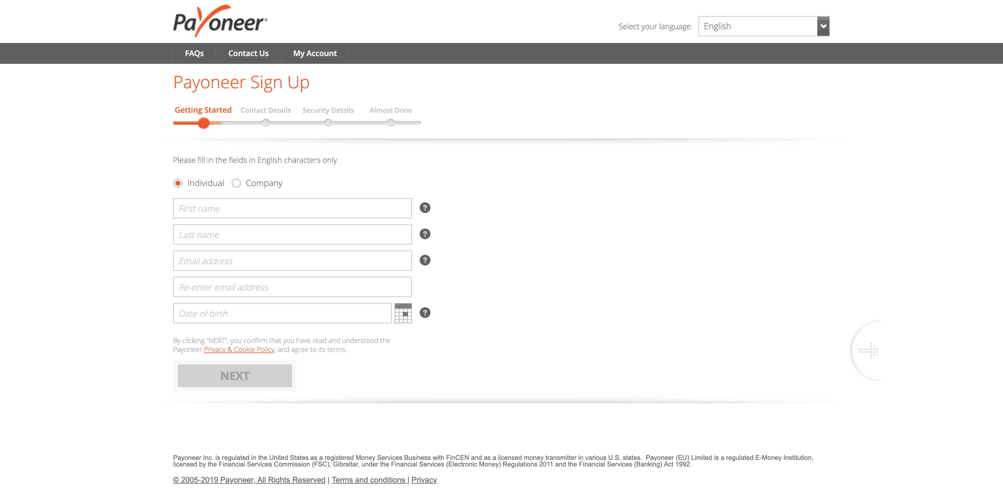 Payoneer Sign Up - Step 1