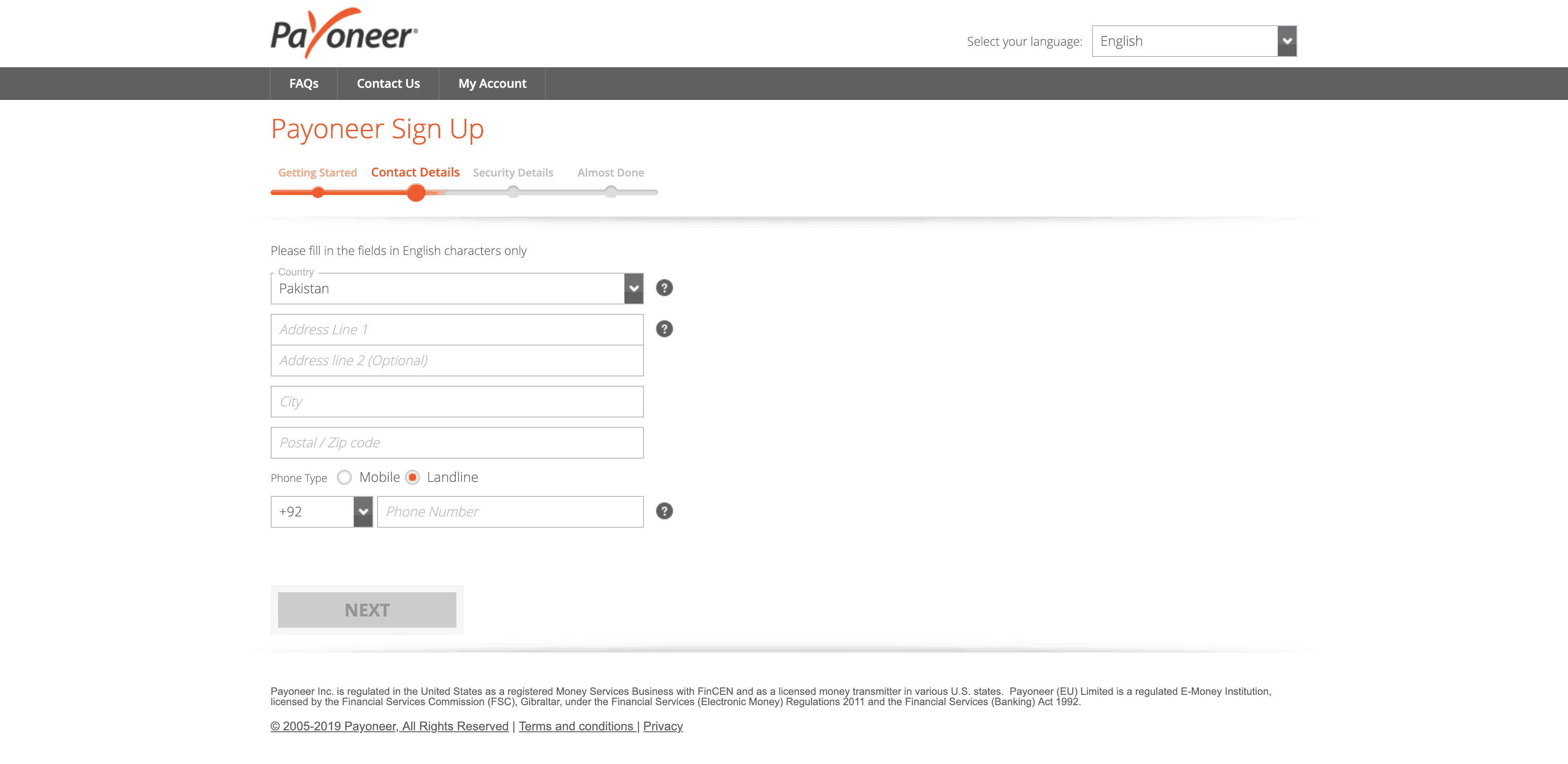 Payoneer Sign Up - Step 2